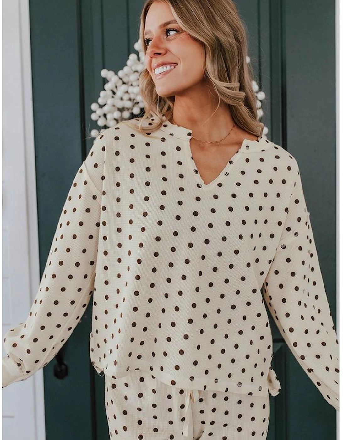 White Polka Dot Print Notched Neck Long Sleeve Top Drawstring Jogger Pants Waffle Knit Lounge Set