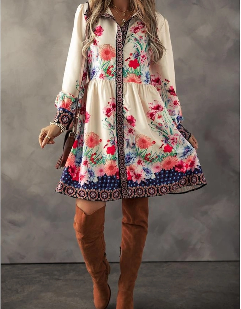 Apricot Floral Print Buttoned High Waist Shirt Mini Dress