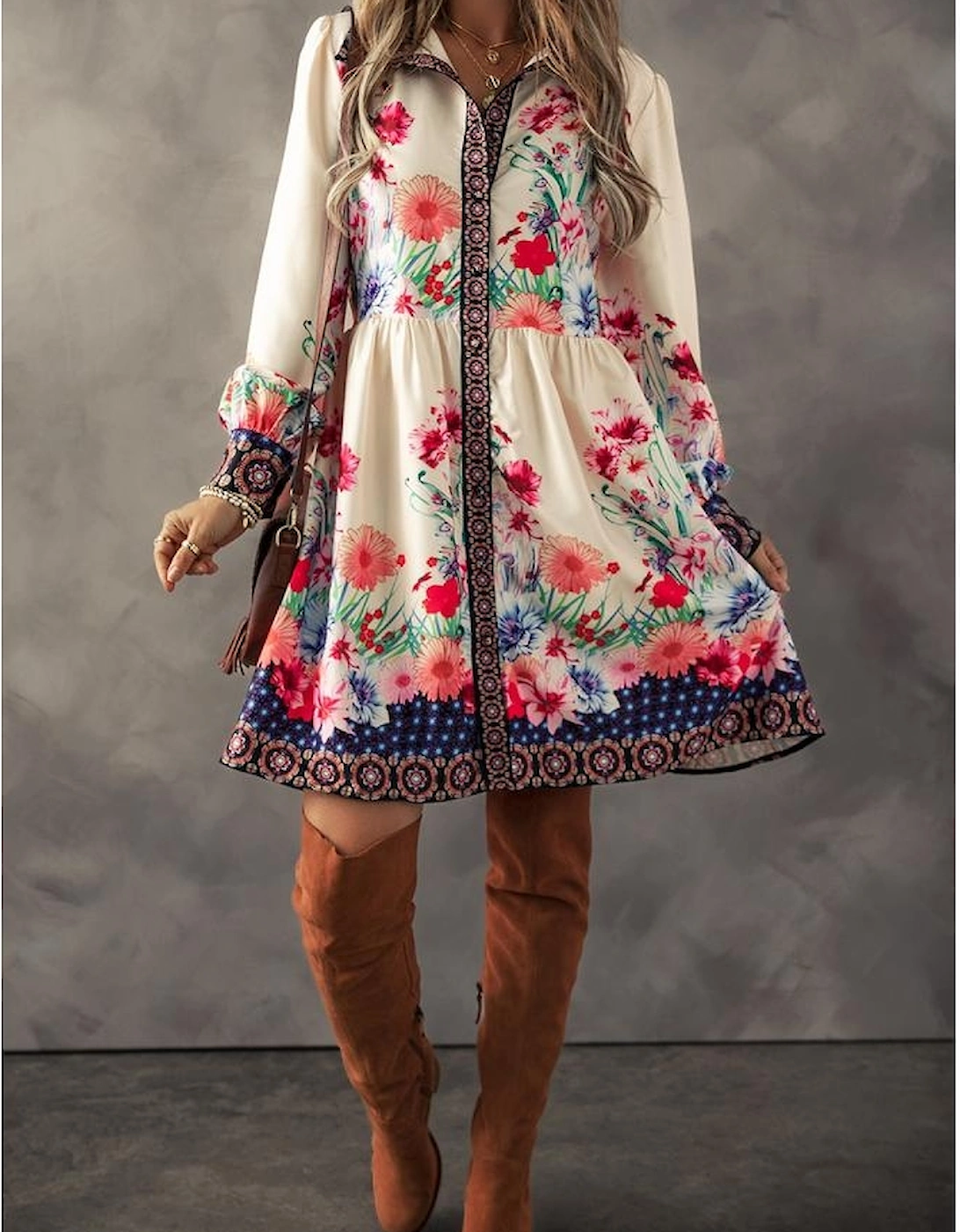 Apricot Floral Print Buttoned High Waist Shirt Mini Dress