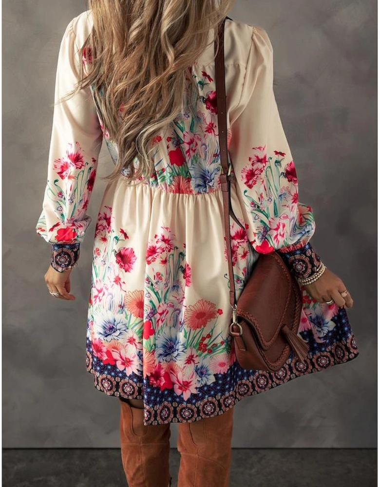 Apricot Floral Print Buttoned High Waist Shirt Mini Dress