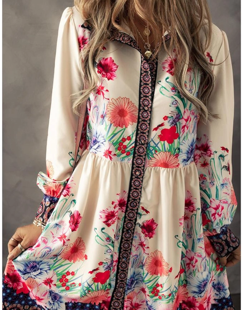 Apricot Floral Print Buttoned High Waist Shirt Mini Dress