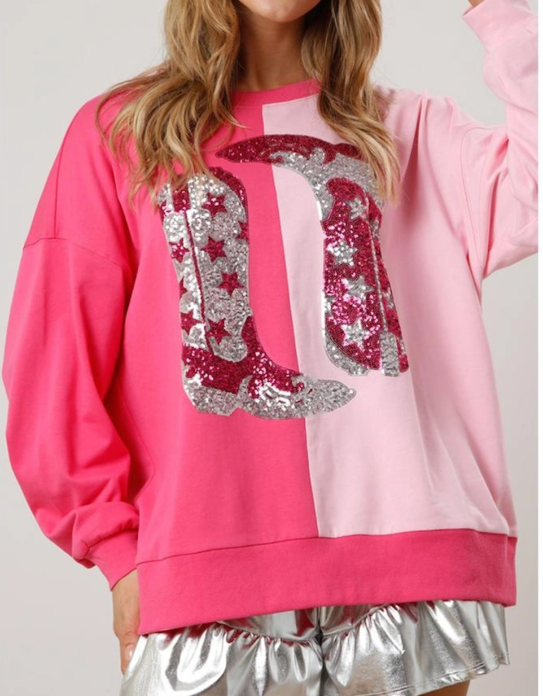 Pink Color Block Sequined Cowgirl Boots Graphic Sweatshirt