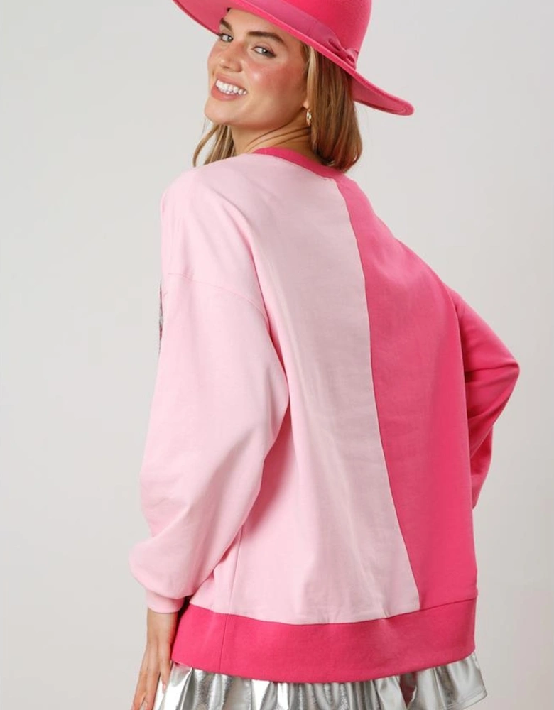 Pink Color Block Sequined Cowgirl Boots Graphic Sweatshirt