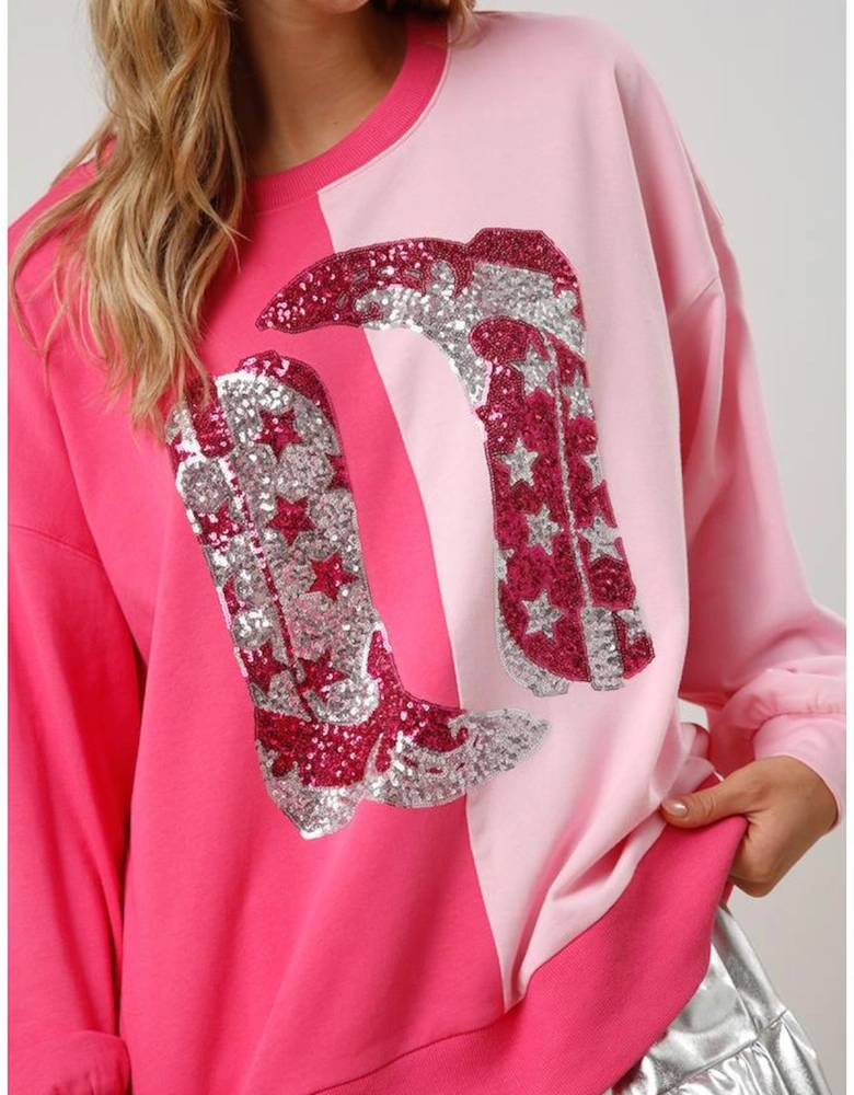 Pink Color Block Sequined Cowgirl Boots Graphic Sweatshirt