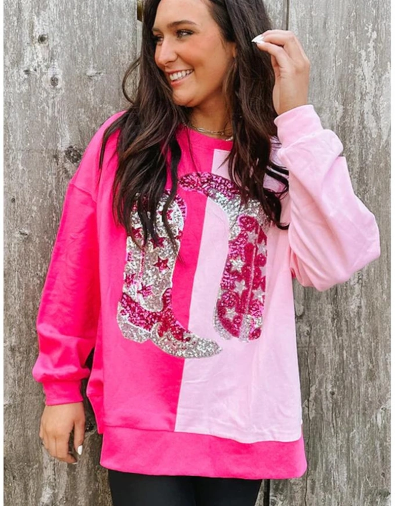 Pink Color Block Sequined Cowgirl Boots Graphic Sweatshirt