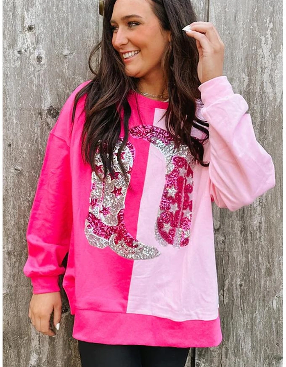 Pink Color Block Sequined Cowgirl Boots Graphic Sweatshirt