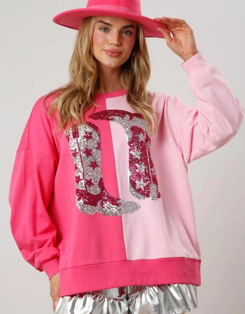 Pink Color Block Sequined Cowgirl Boots Graphic Sweatshirt