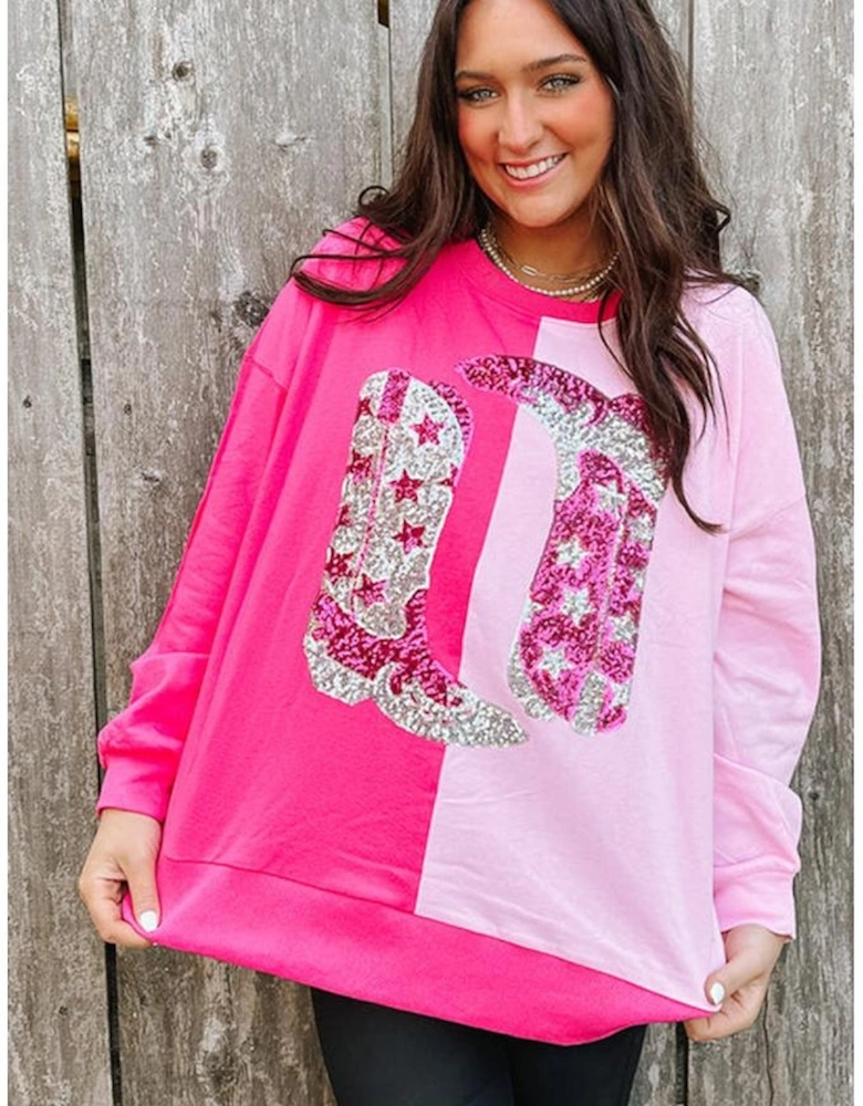 Pink Color Block Sequined Cowgirl Boots Graphic Sweatshirt