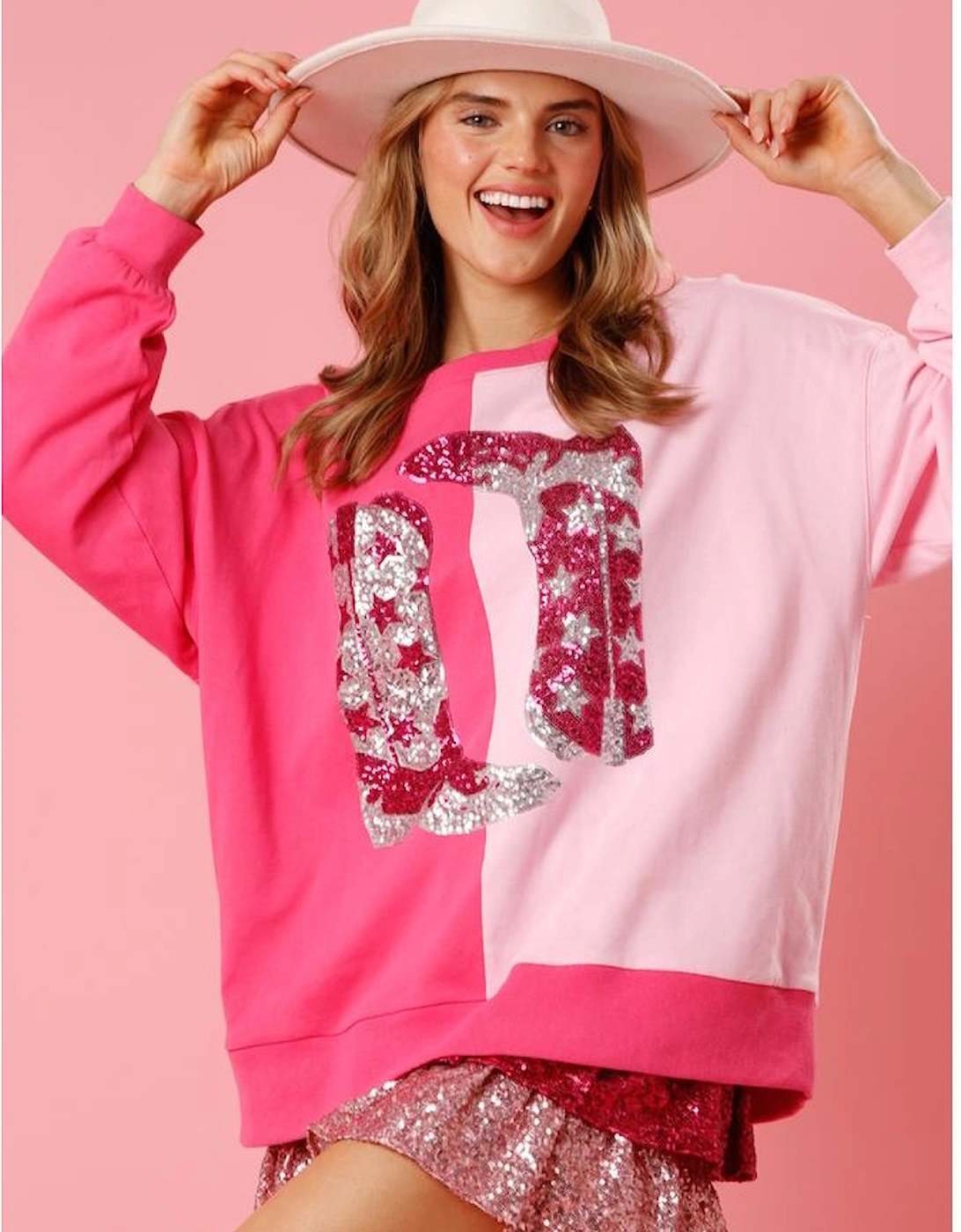 Pink Color Block Sequined Cowgirl Boots Graphic Sweatshirt