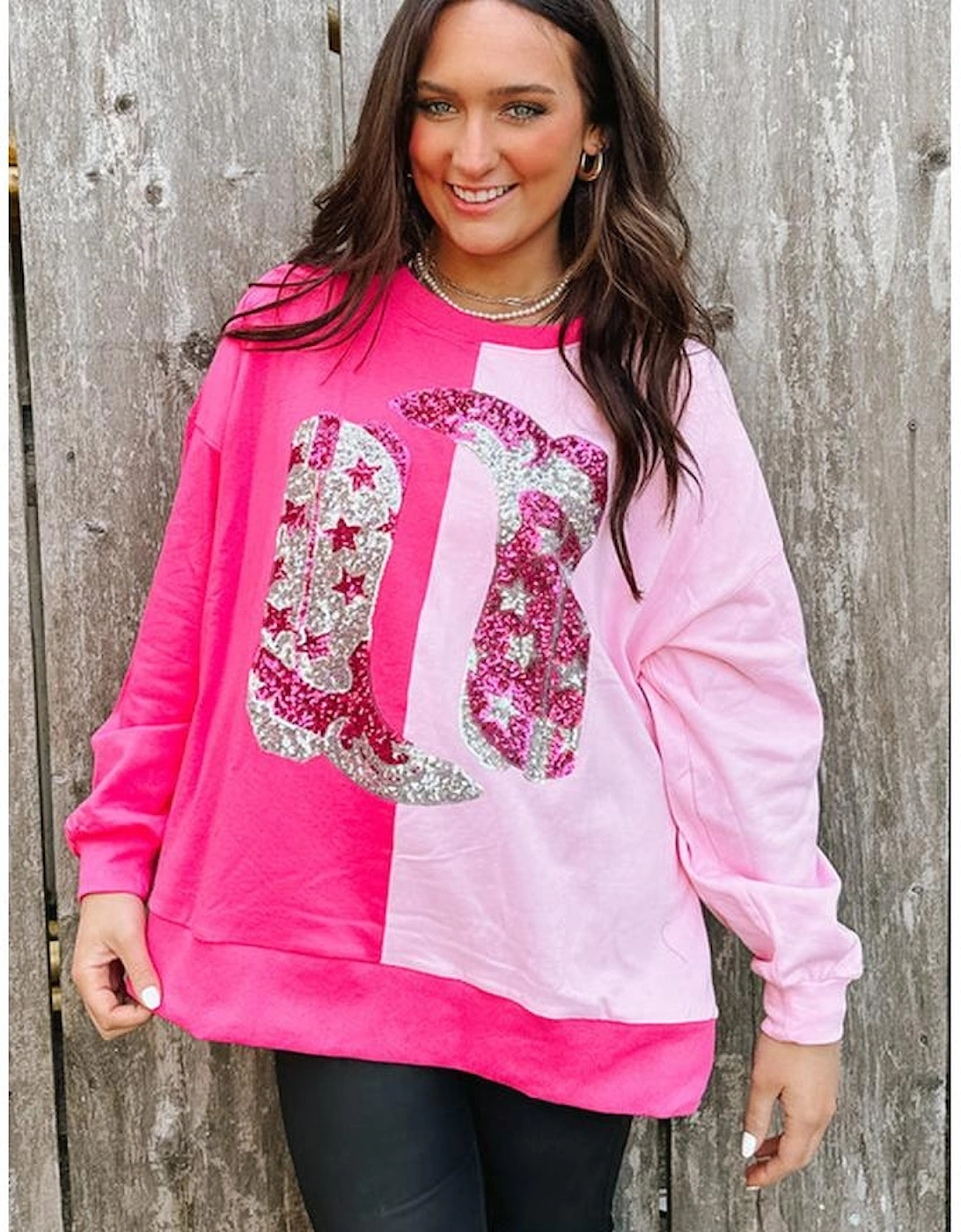 Pink Color Block Sequined Cowgirl Boots Graphic Sweatshirt