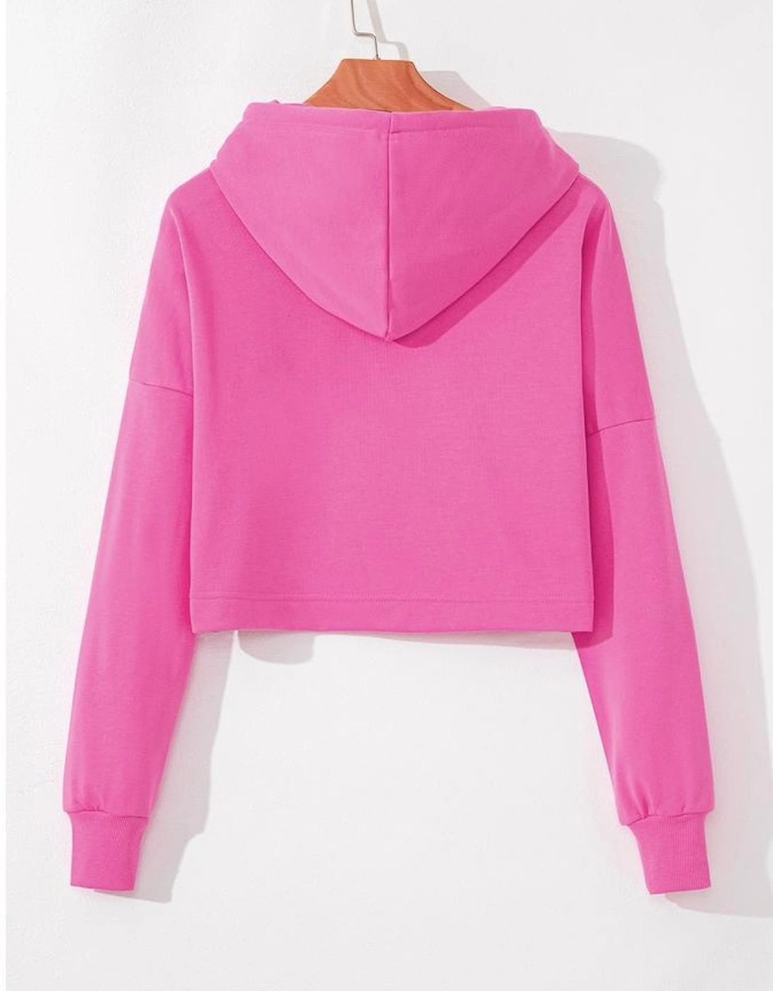 Sachet Pink Solid Drop Shoulder Drawstring Cropped Hoodie