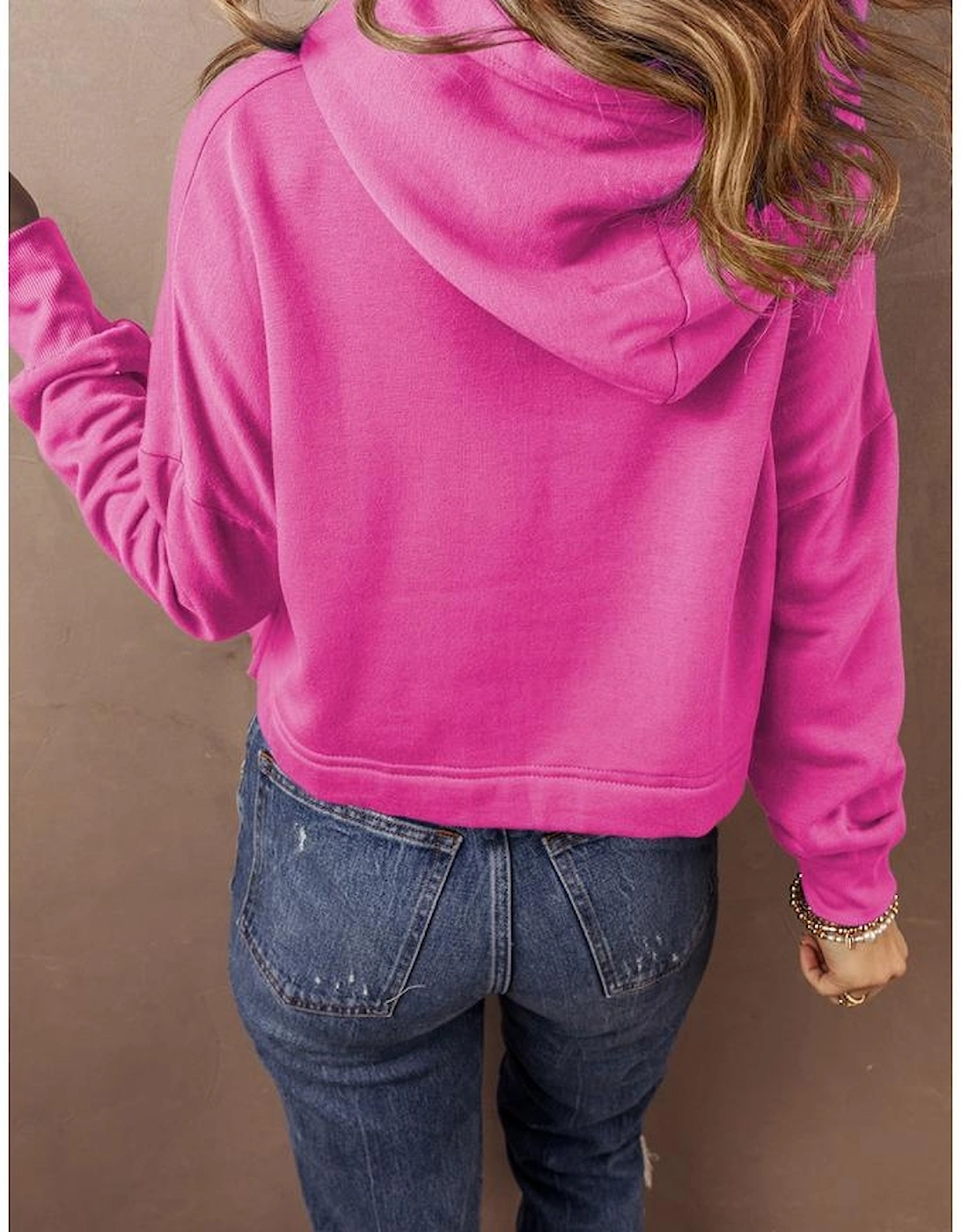 Sachet Pink Solid Drop Shoulder Drawstring Cropped Hoodie