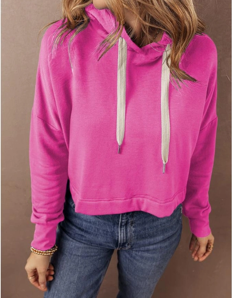 Sachet Pink Solid Drop Shoulder Drawstring Cropped Hoodie