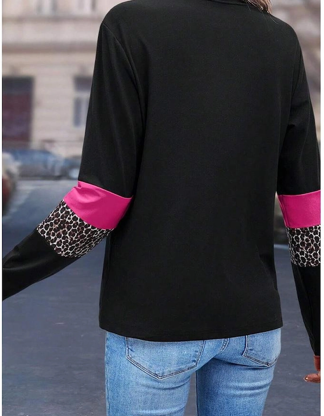 Rose Leopard Colorblock Patchwork Crew Neck Long Sleeve Tee