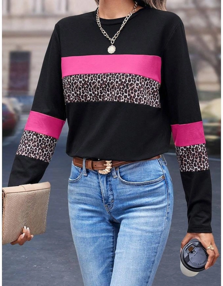 Rose Leopard Colorblock Patchwork Crew Neck Long Sleeve Tee