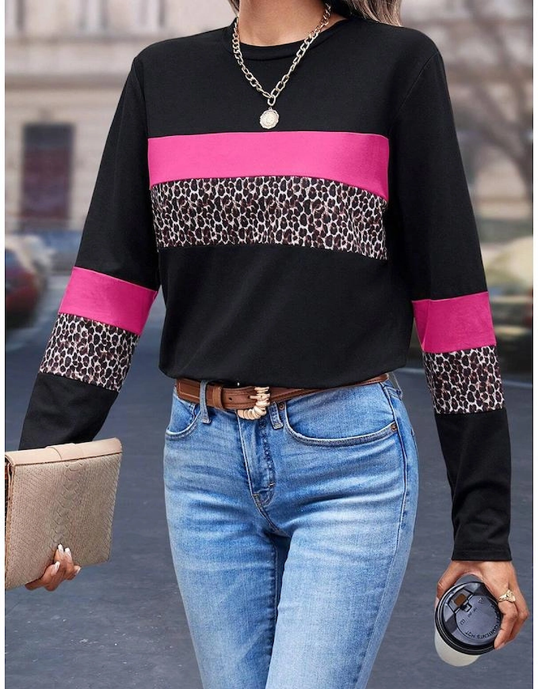 Rose Leopard Colorblock Patchwork Crew Neck Long Sleeve Tee