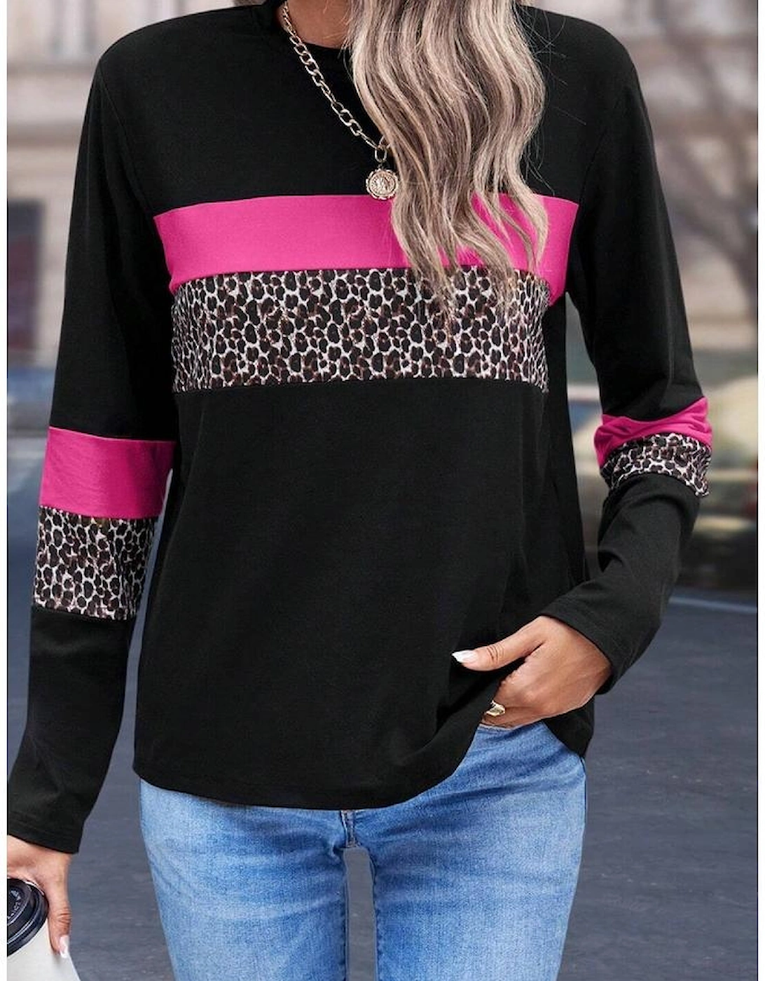 Rose Leopard Colorblock Patchwork Crew Neck Long Sleeve Tee