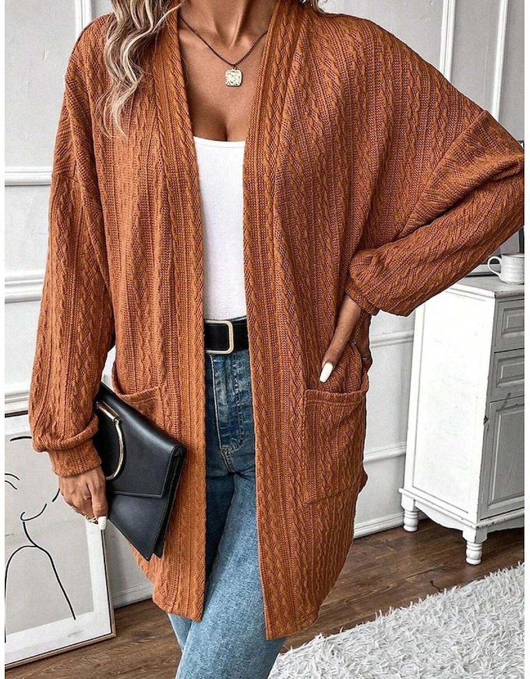 Chestnut Textured Knit Side Pockets Open Front Cardigan