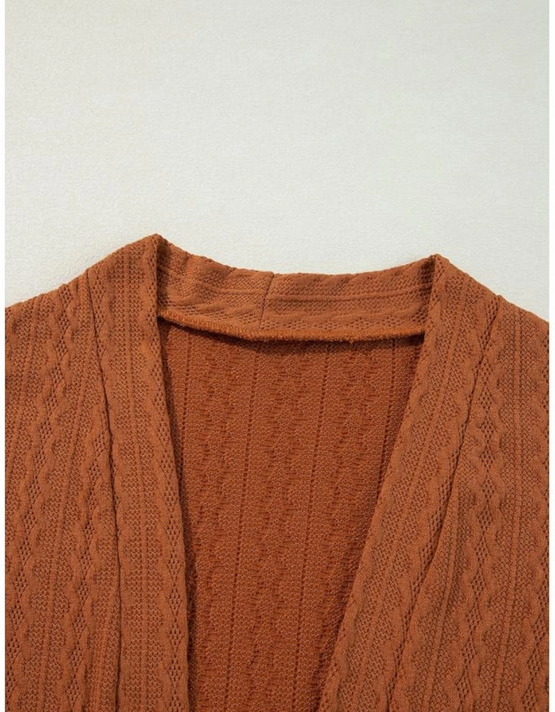 Chestnut Textured Knit Side Pockets Open Front Cardigan