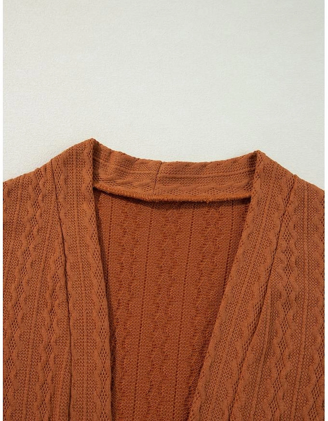 Chestnut Textured Knit Side Pockets Open Front Cardigan