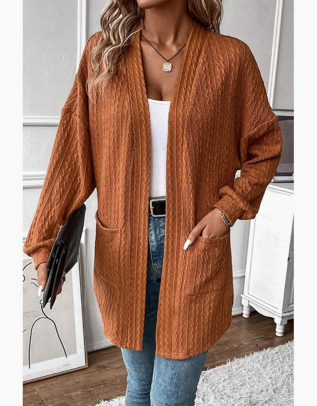 Chestnut Textured Knit Side Pockets Open Front Cardigan
