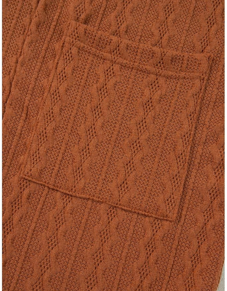 Chestnut Textured Knit Side Pockets Open Front Cardigan