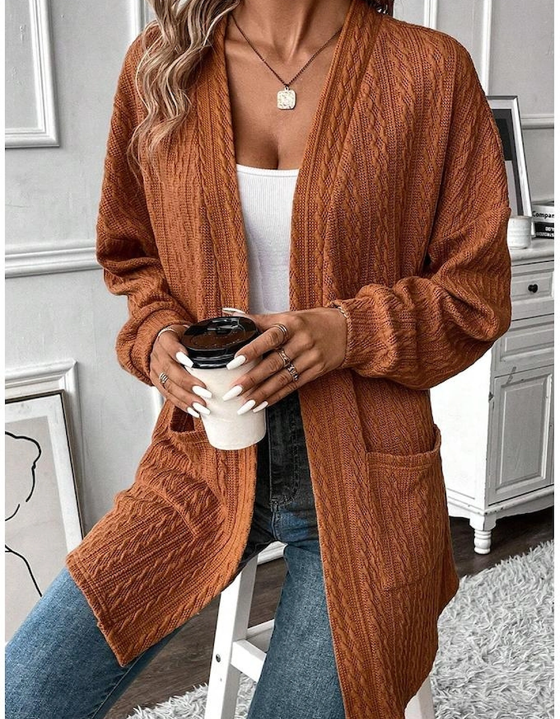 Chestnut Textured Knit Side Pockets Open Front Cardigan