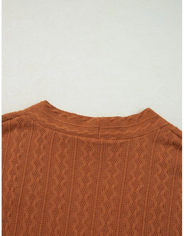 Chestnut Textured Knit Side Pockets Open Front Cardigan