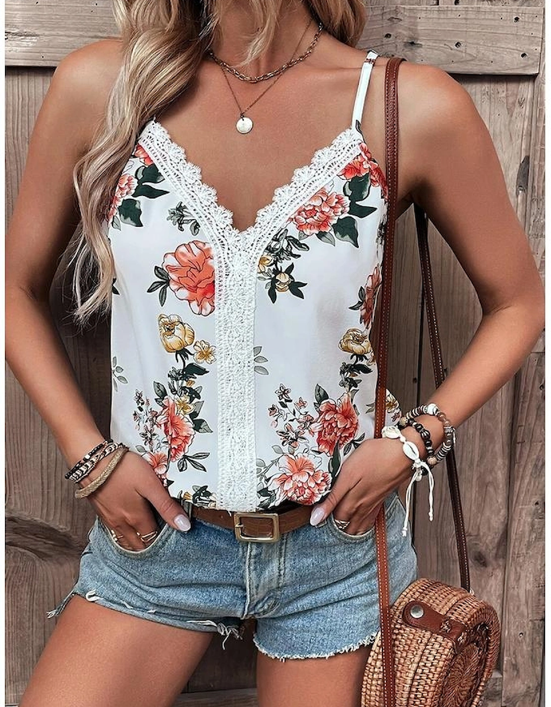 White Floral Print Lace V Neck Tank Top