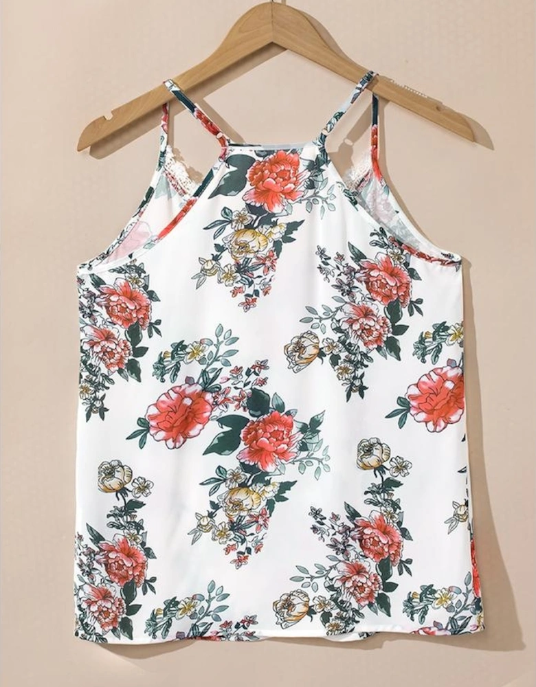 White Floral Print Lace V Neck Tank Top