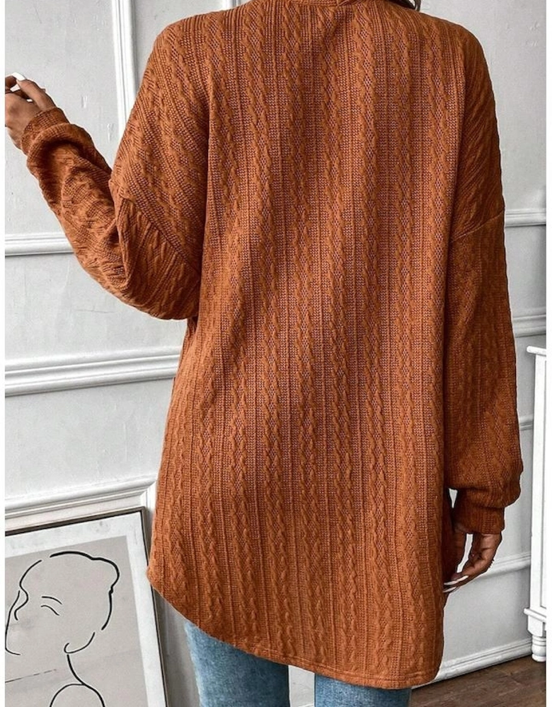 Chestnut Textured Knit Side Pockets Open Front Cardigan