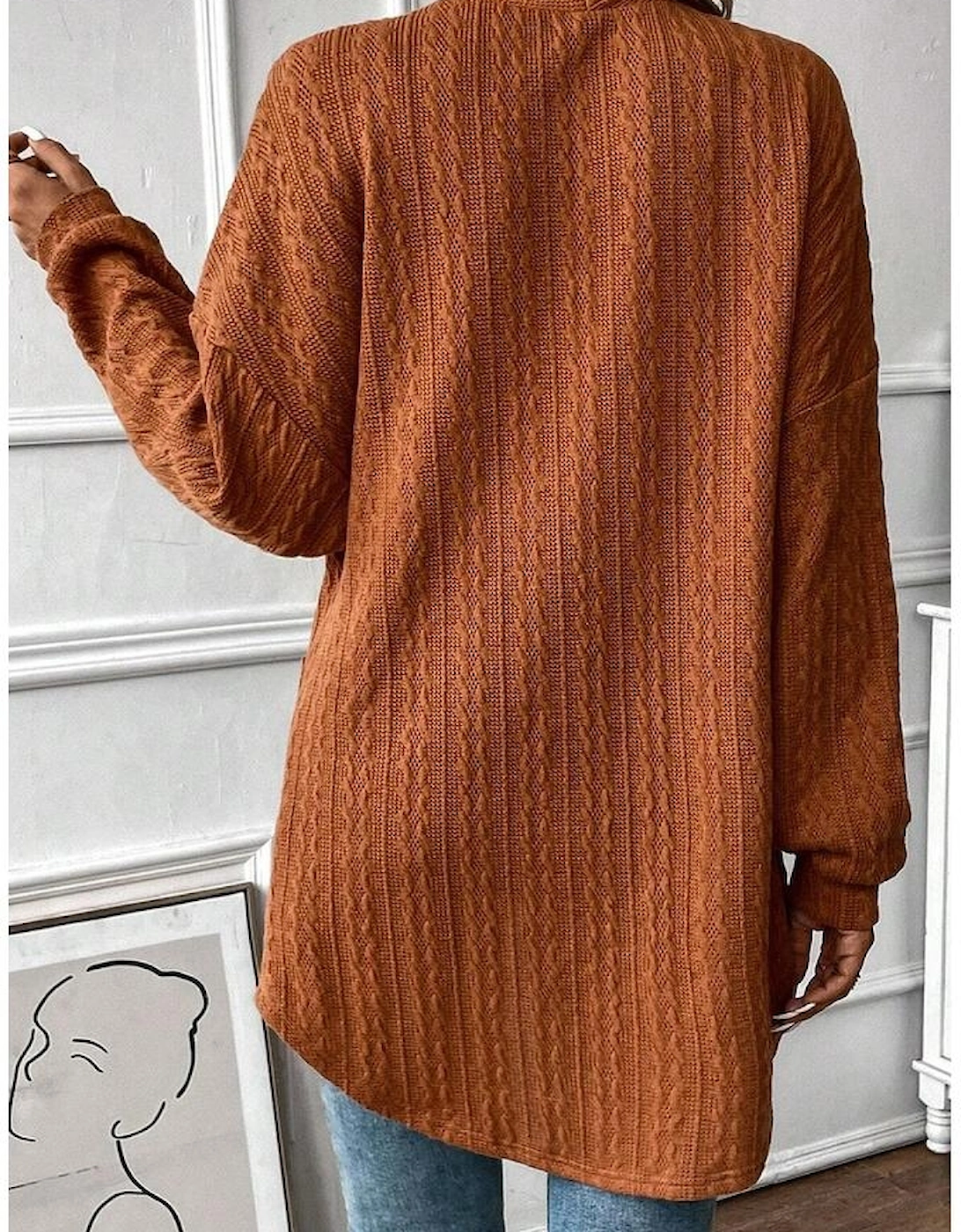 Chestnut Textured Knit Side Pockets Open Front Cardigan