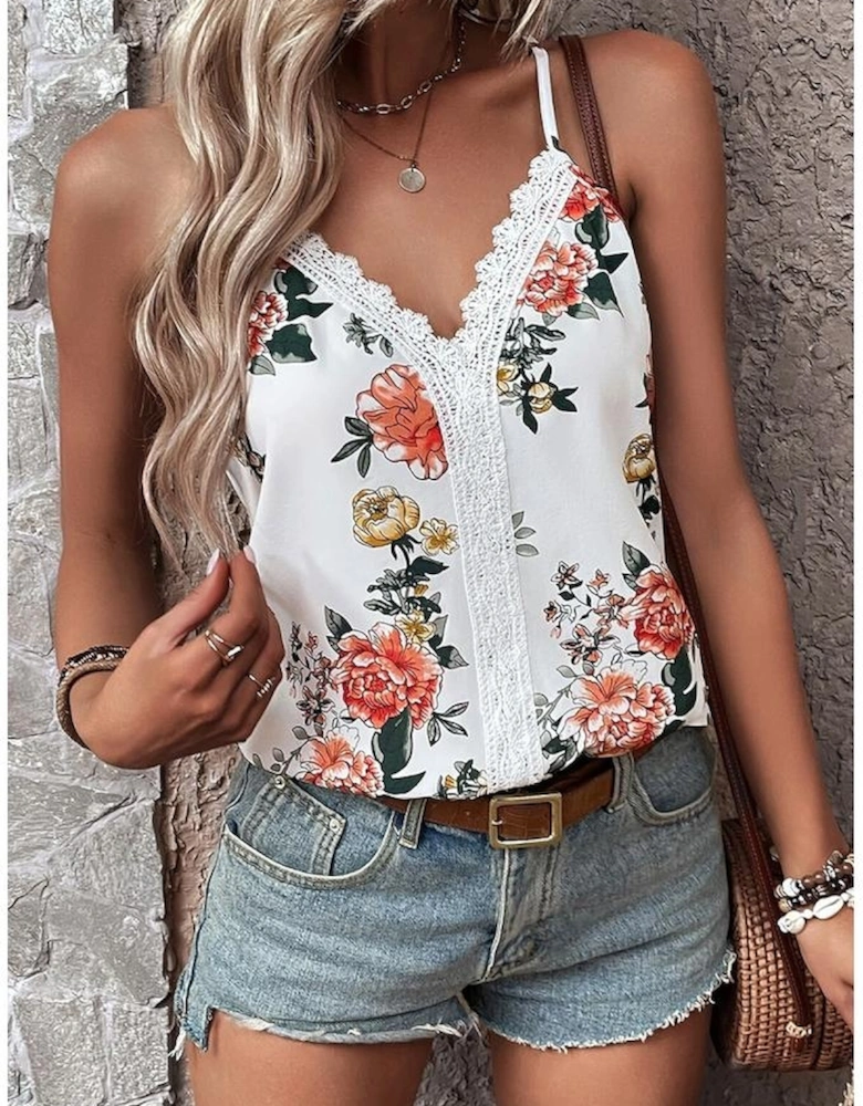 White Floral Print Lace V Neck Tank Top