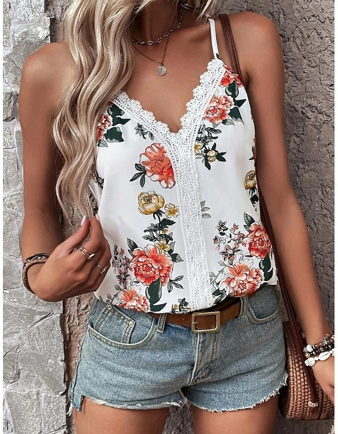 White Floral Print Lace V Neck Tank Top