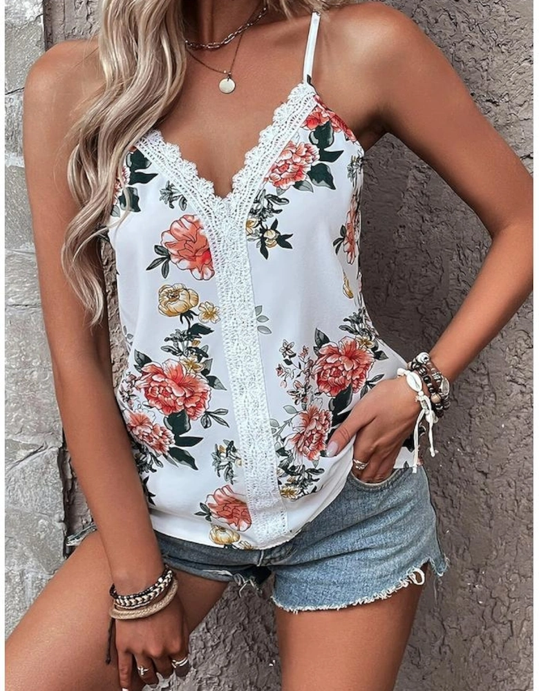 White Floral Print Lace V Neck Tank Top