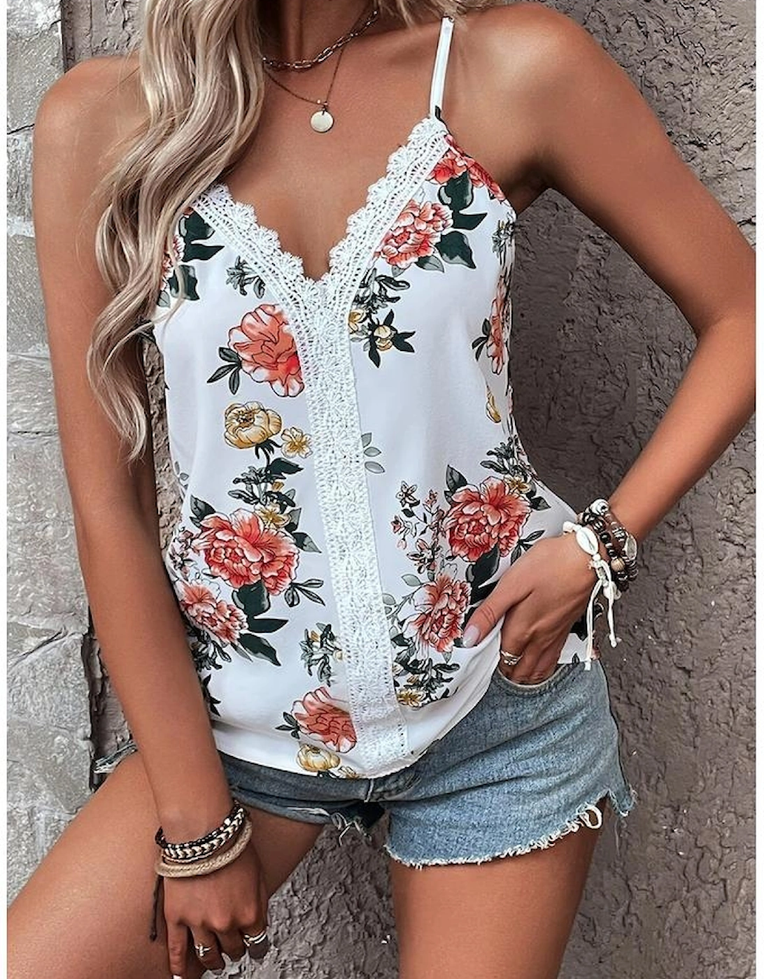 White Floral Print Lace V Neck Tank Top
