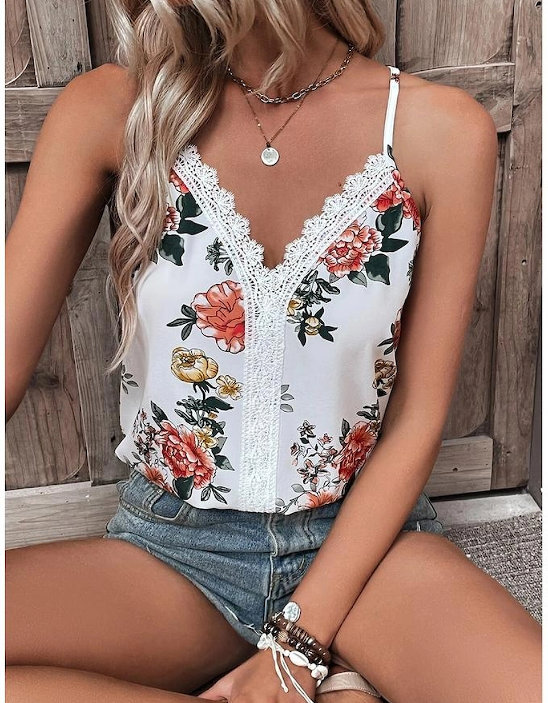 White Floral Print Lace V Neck Tank Top