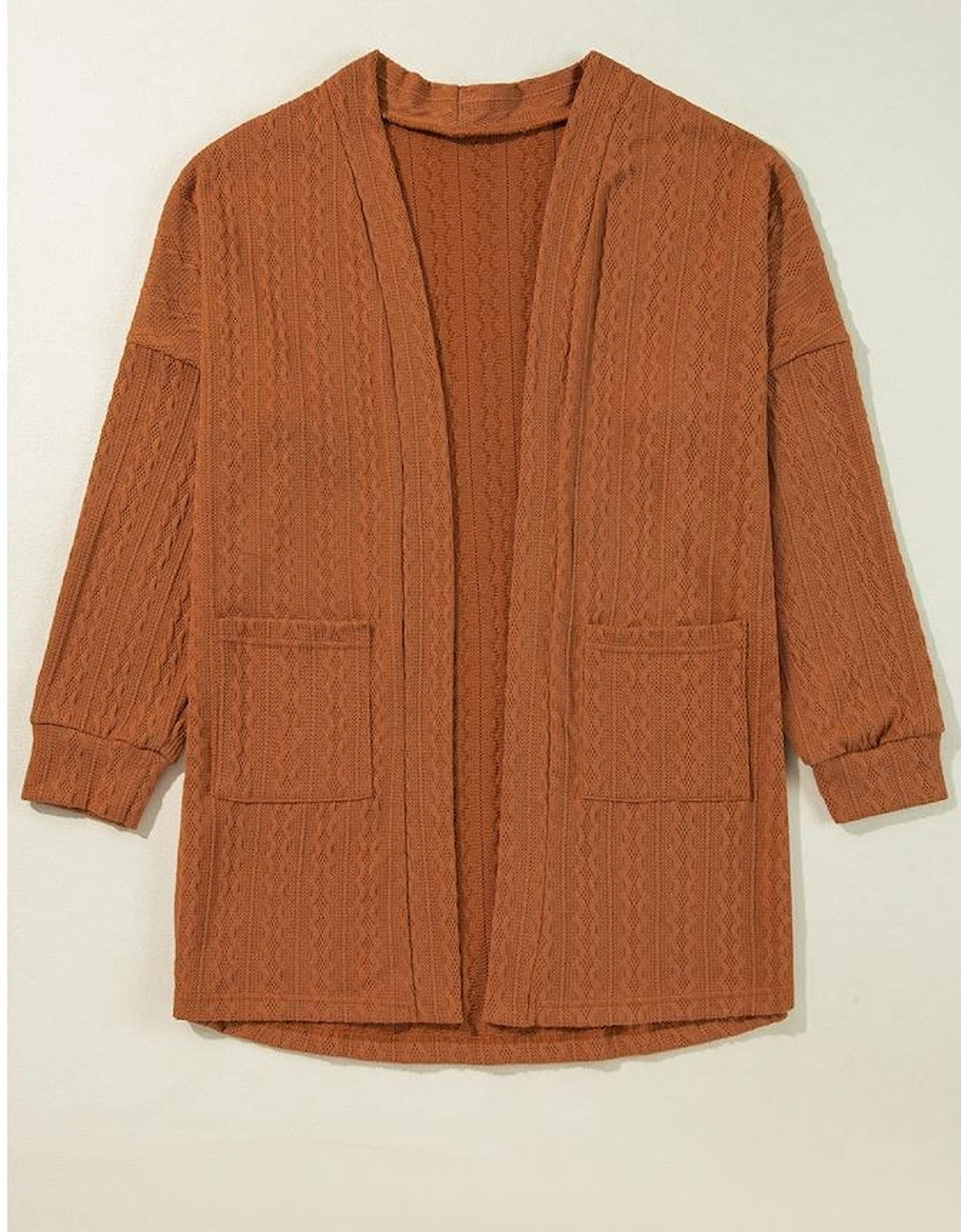 Chestnut Textured Knit Side Pockets Open Front Cardigan