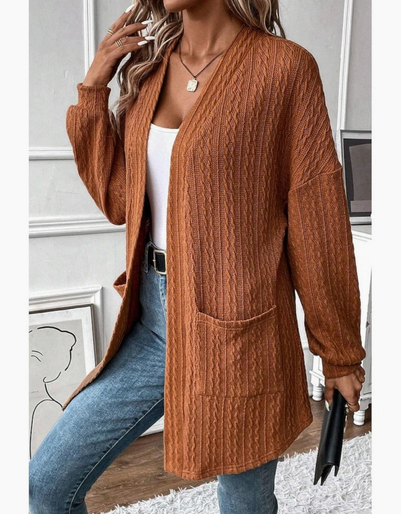 Chestnut Textured Knit Side Pockets Open Front Cardigan