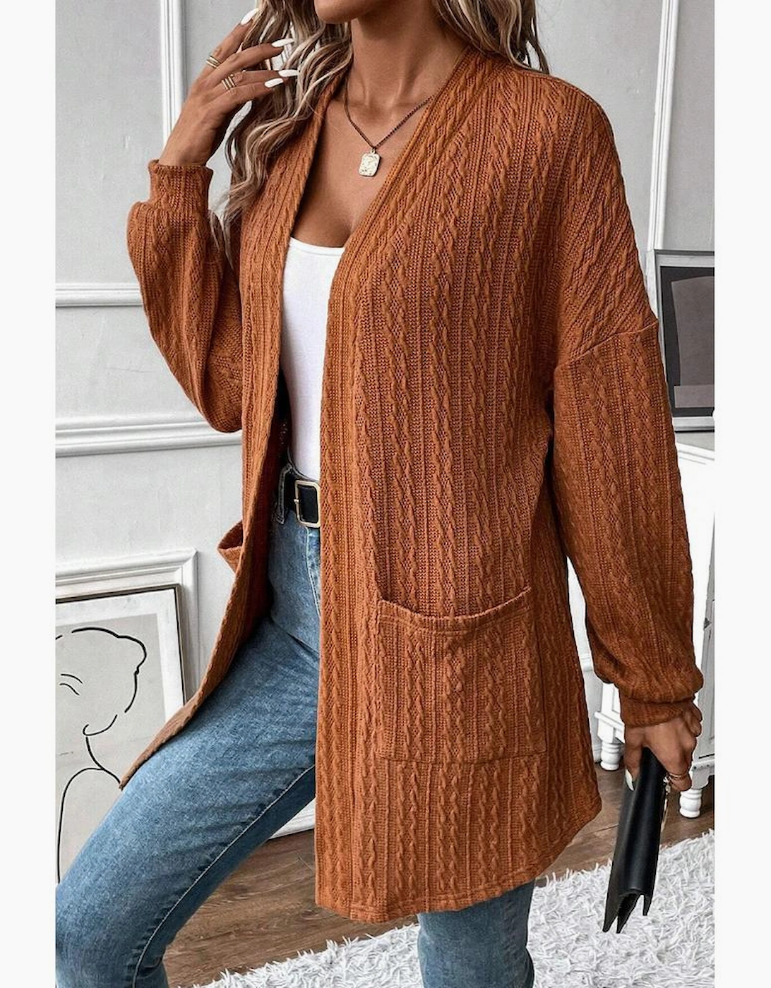 Chestnut Textured Knit Side Pockets Open Front Cardigan