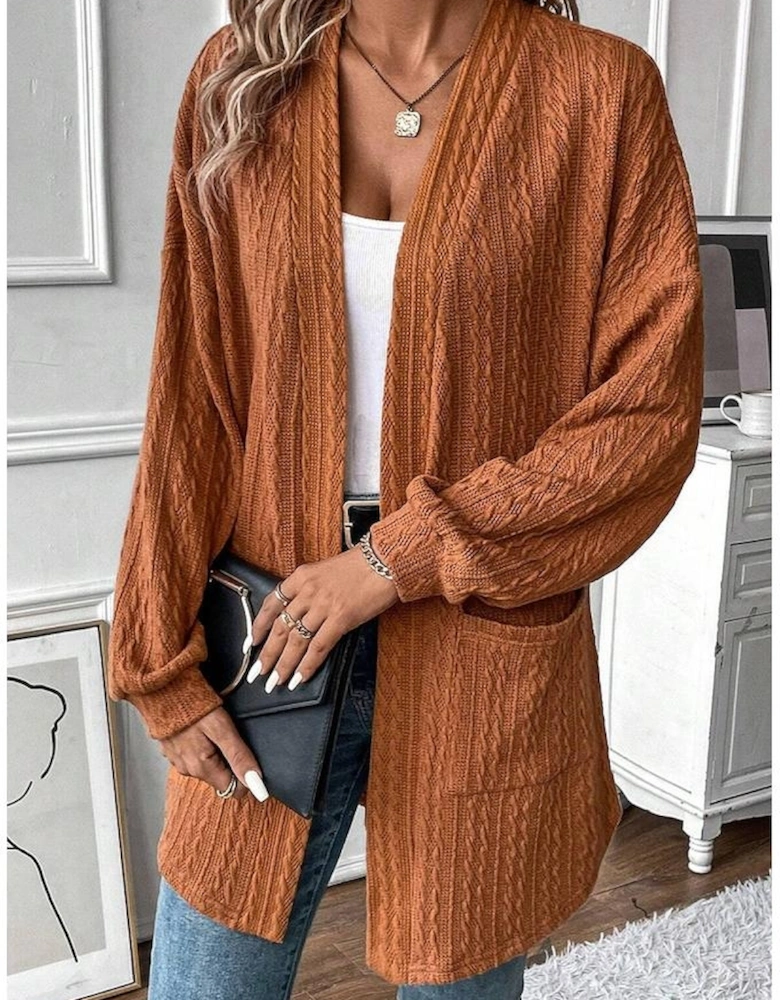 Chestnut Textured Knit Side Pockets Open Front Cardigan