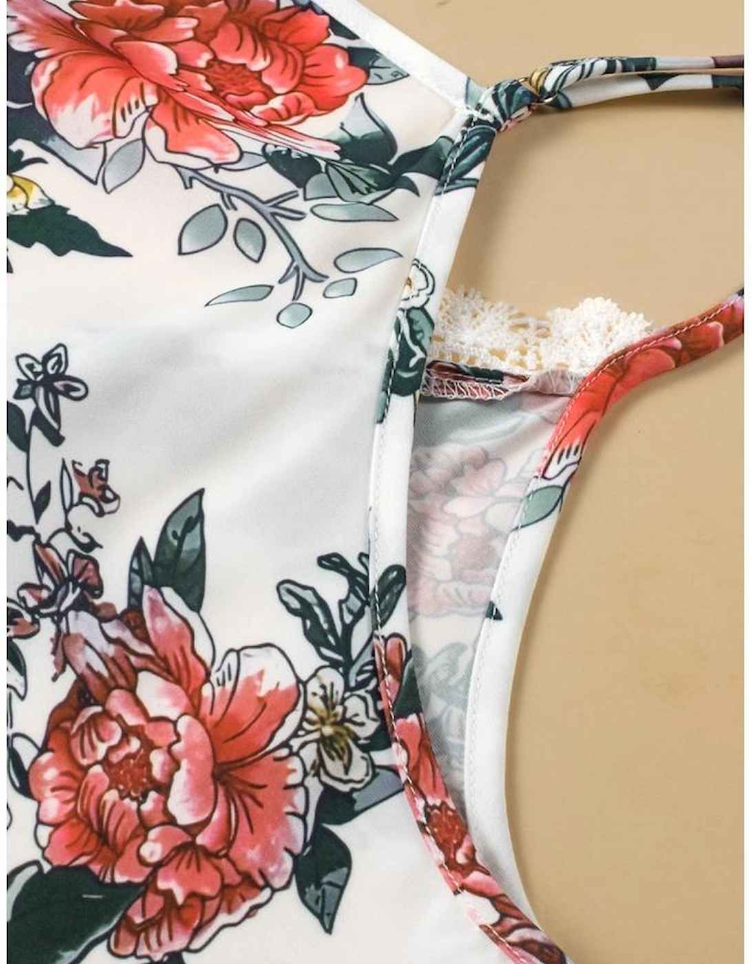 White Floral Print Lace V Neck Tank Top