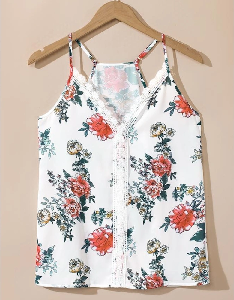 White Floral Print Lace V Neck Tank Top