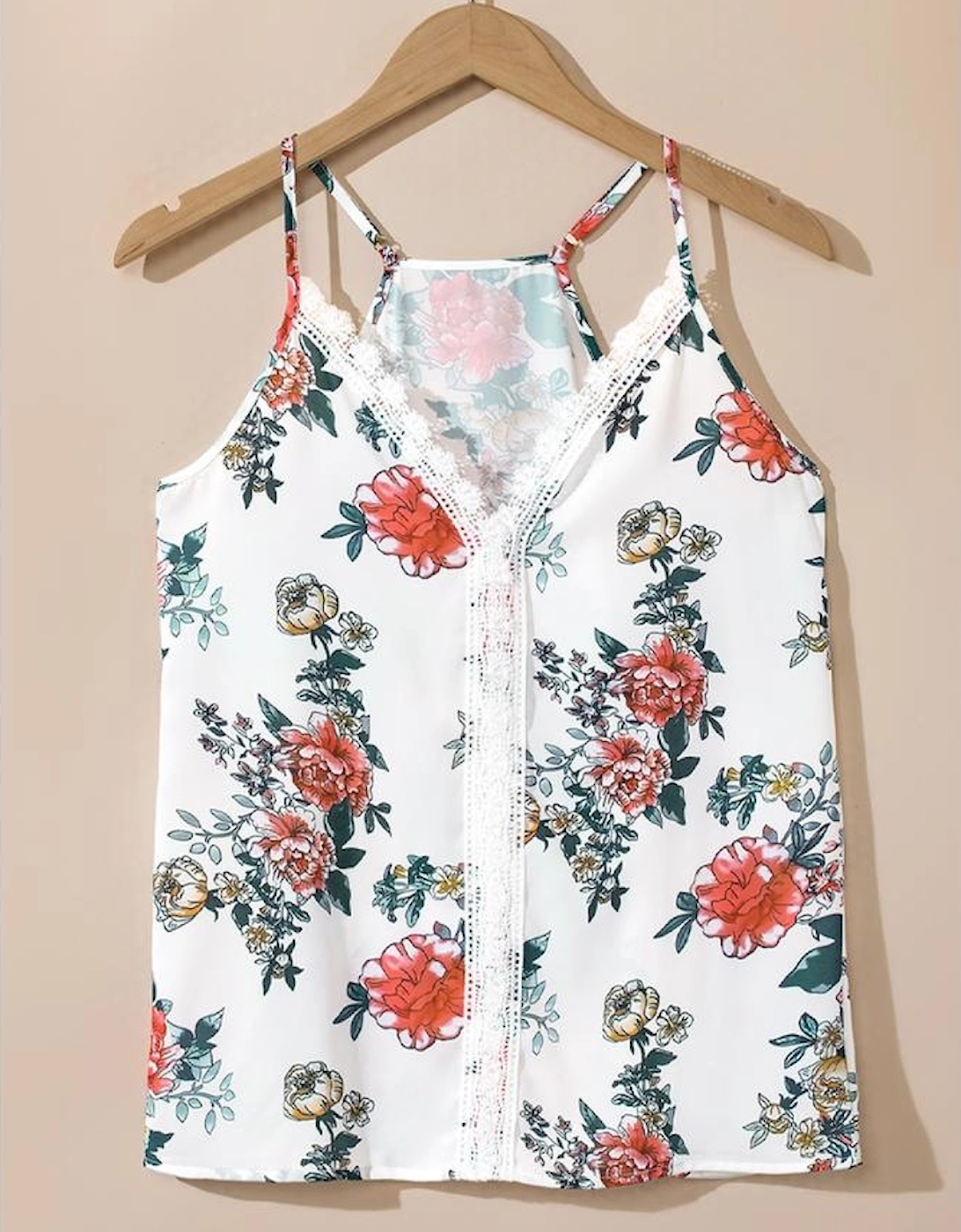 White Floral Print Lace V Neck Tank Top