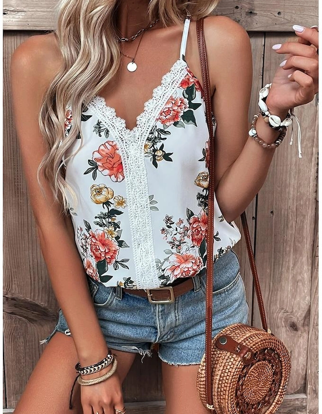 White Floral Print Lace V Neck Tank Top