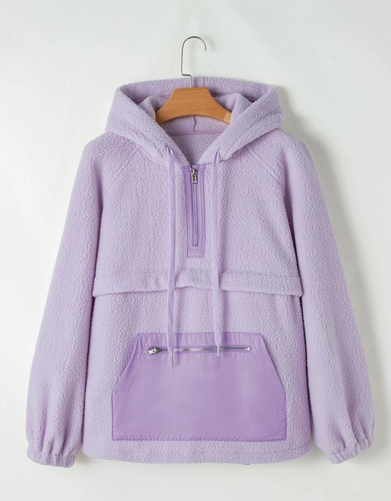 Lavendula Zipped Patch Pocket Fuzzy Drawstring Hoodie