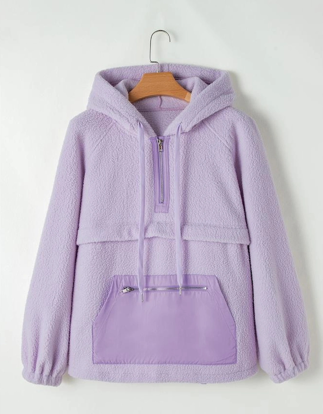 Lavendula Zipped Patch Pocket Fuzzy Drawstring Hoodie