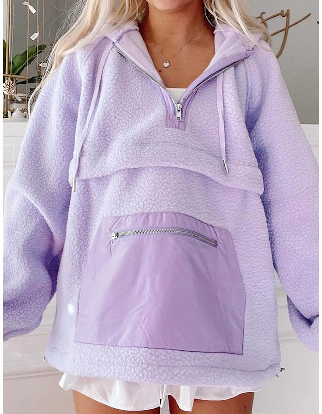 Lavendula Zipped Patch Pocket Fuzzy Drawstring Hoodie