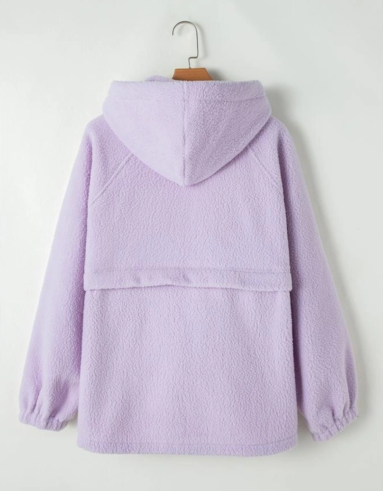 Lavendula Zipped Patch Pocket Fuzzy Drawstring Hoodie