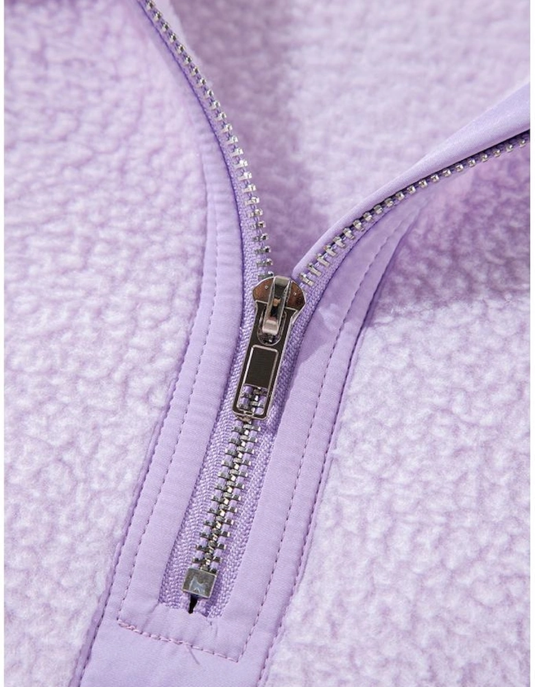 Lavendula Zipped Patch Pocket Fuzzy Drawstring Hoodie